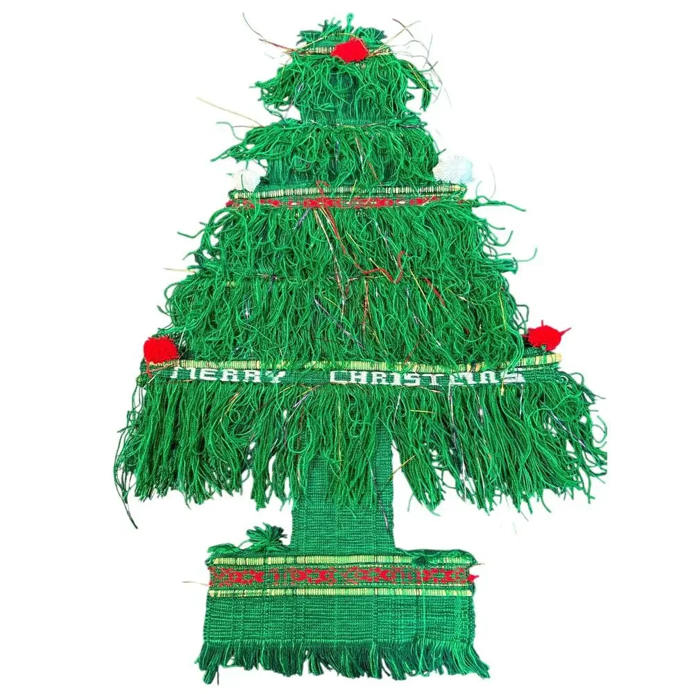 Vintage Yarn Fiber Art Decor Christmas Tree Tinsel Boho Retro Wall Hanger 28x16